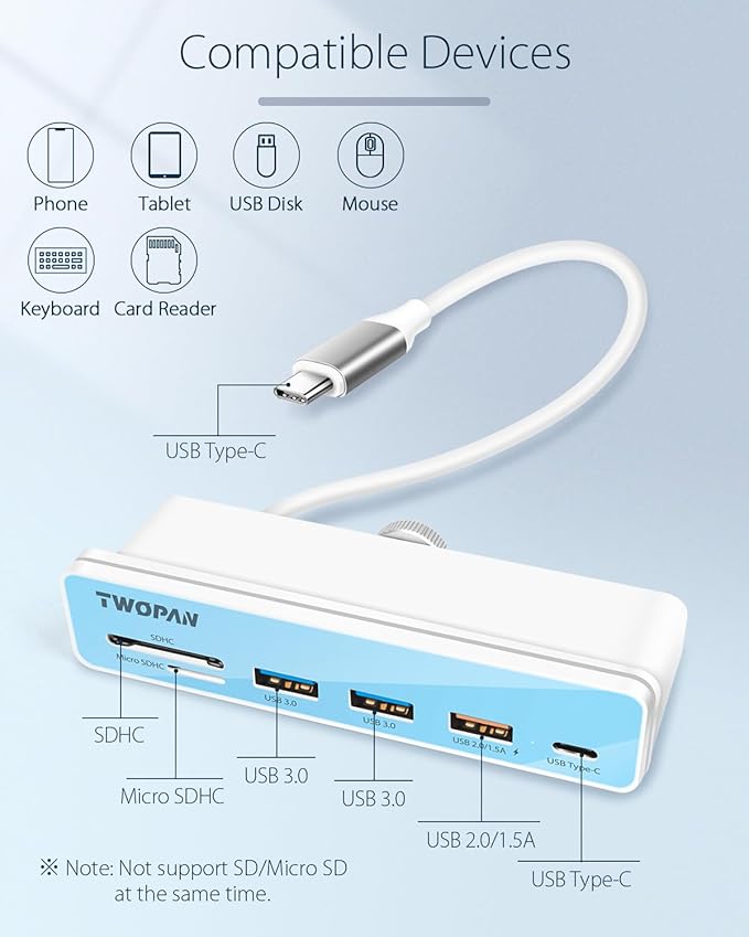USB C Hub Multiport Adapter for iMac M4/M3/M1 6 in 1 iMac 2024/2023/2021 USB C Port Hub with USB 3.0 Ports SD/Micro SD Card Readers &amp 7 Color Panels