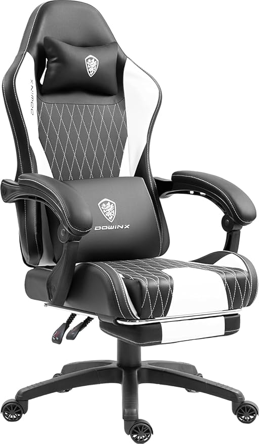 Dowinx Gaming Chair with Massage Lumbar Support and Footrest Video Game Chair for Adults Adjustable Ergonomic Gamer Chairs High Back with Pocket Spring Cushion Swivel Recliner with Headrest White