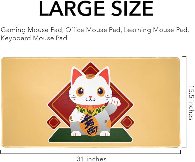 Cute Lucky Cat Maneki-Neko Large Gaming Mouse Pad Desk Mat with Stitched Edges Non-Slip Base for Gamer Home and Office