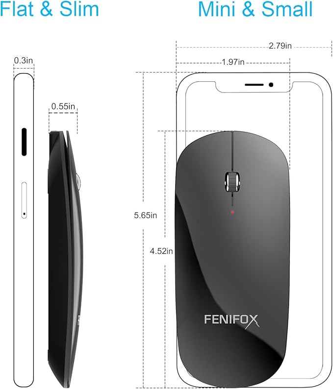 FENIFOX Wireless Bluetooth Mouse Ultra-Thin Flat and Slim Silent USB-C Rechargeable Travel Mini Portable Mouse for Mac iPad Laptop MacBook Tablet Chromebook - Black