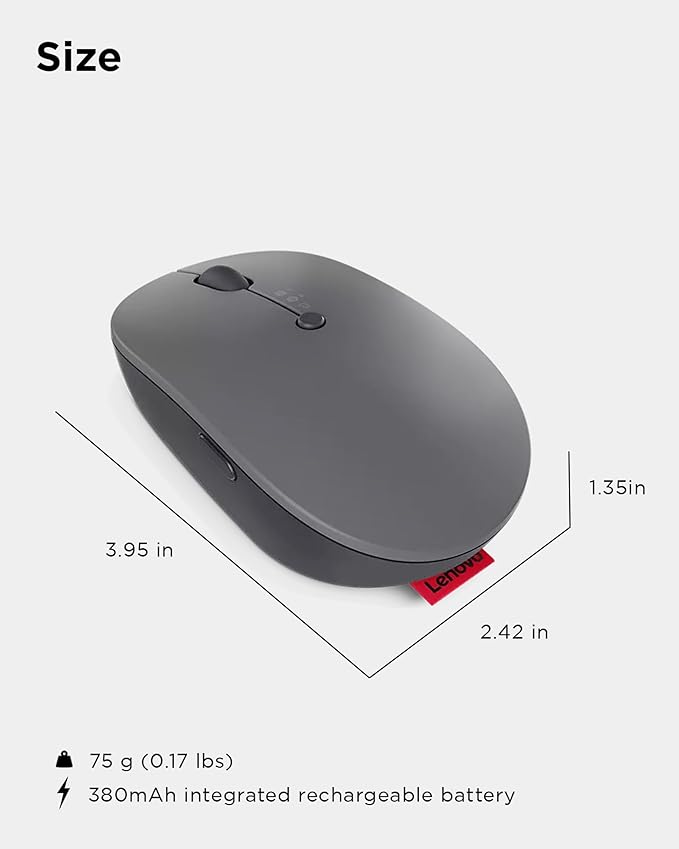 Lenovo Go Multi-Device Wireless Mouse 2.4GHz Nano USB-C Receiver Bluetooth Adjustable DPI USB-C Rechargeable Battery Qi Wireless Charging Ambidextrous GY51C21211 Grey