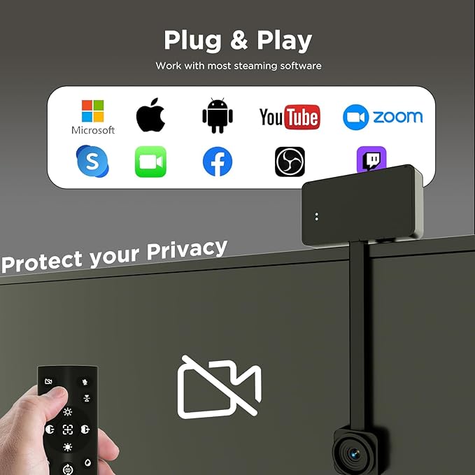 4K Webcam for PC with Remote Control Ultra HD 1/2.55'' Sensor Autofocus 10x Digital Zoom Low Light Performance Streaming Camera for PC/Video Calling/Zoom/Skype/Teams