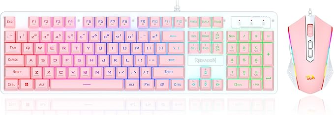 Redragon Updated S107WP Gaming Keyboard and Mouse RGB Gaming Keyboard and 10000 DPI Mouse Combo with 25-Key Anti-Ghosting 1K Hz Programmable Mice with Software Plug &amp Play to PC Laptop - Pink