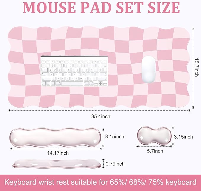 L-SPOUTTO Pink Checkered Mouse Pad SetScalloped XXL Desk Mat + Ergonomic Mouse Wrist Rest + Gel Keyboard Wrist Rest for Keyboard 65%/75%3in1 Large Desk Pad for Desktop Home Office Computer Game