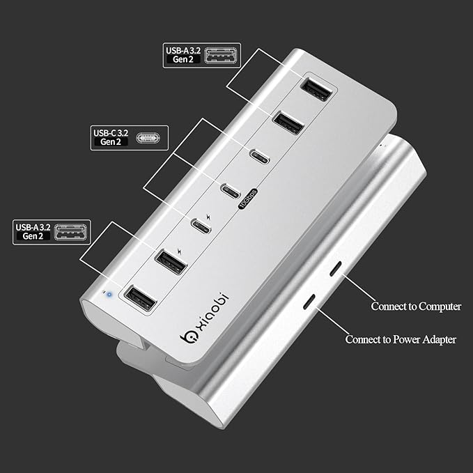 USB C HubPowered USB Hub with 5V 3A Power Adapter 10Gbps USB Splitter with 4 USB-A and 3 USB-C Ports 7-Port Type C Multiport Adapter for MacBook Air/Pro iPhone 16/15 Laptop and More(Silver)