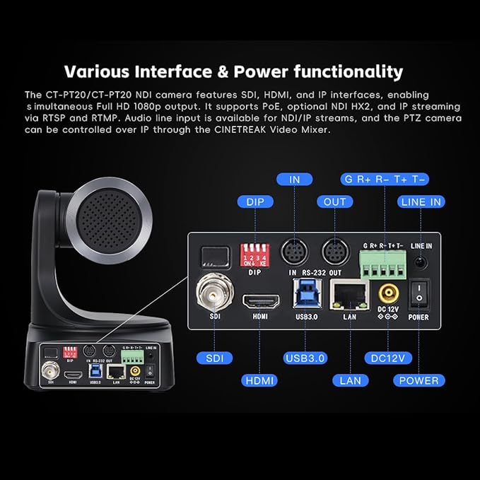 20x PTZ Camera 1080p HD with 20X Optical ZoomVideo Conference CameraLive Streaming for Church WorshipUSB HDMI IP POE PowerCompatible Video Switcher
