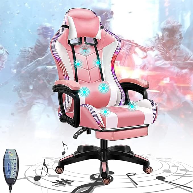 PC Gaming Chair Massage Ergonomic Gaming Chairs for Adults and Teens with Lumbar Support and Foot Rest RGB LED Light Gamer Chair with Speakers for Game Recreation RoomPink
