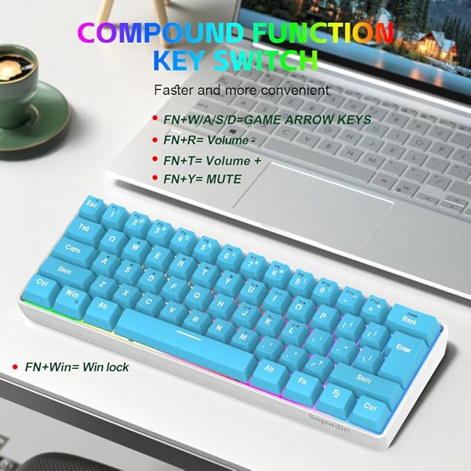 Snpurdiri 60% Wired Gaming Keyboard Small Ultra-Compact 61 Keys RGB Backlit 60 Percent Gaming Keyboard for PC/Mac Gamer Typist Travel Easy to Carry on Business Trip (Blue)