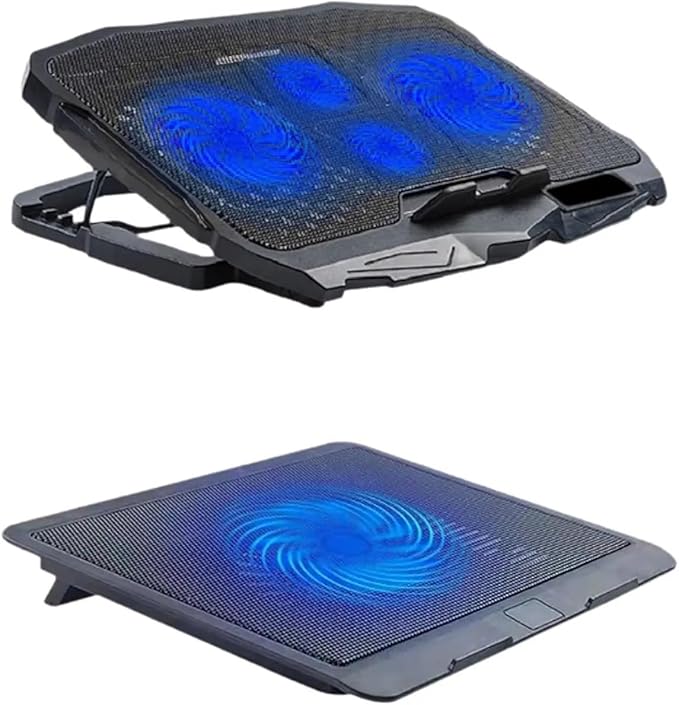 1Pc Laptop Fan Cooling Pad with Big Fans Portable Laptop Cooling Fan with 2 in 1 USB Port Blue LED Light Adjustable Stand Pad(with 4 Fans)