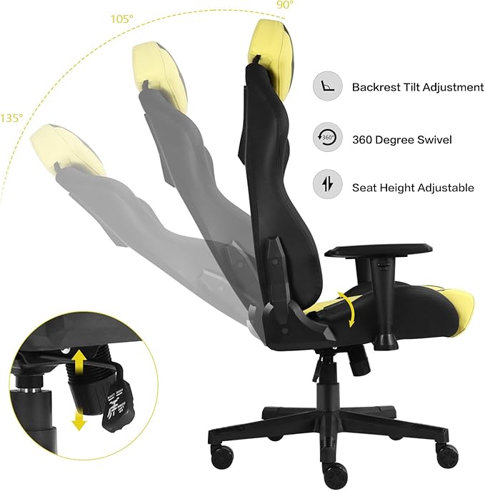 Modern-Depo Ergonomic Gaming Chairs for Adults with High-Density Memory Foam | Swivel Comfortable Office Chair Big and Tall Video Game Chair High Back Computer Chair for Home Office Yellow Black