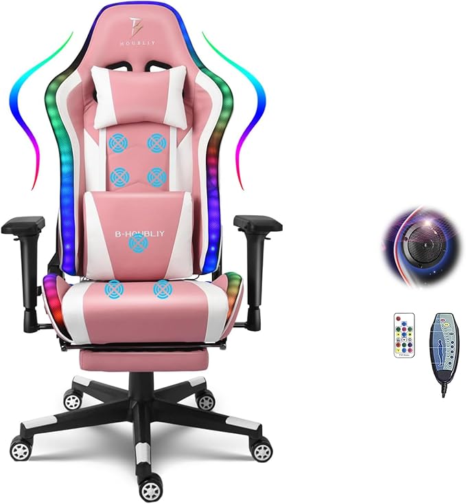 Massage Gaming Chair High Back Office Computer Chair with Speakers and RGB Lights Recliner Chair Music Video Game Chair with Headrest and Lumbar Support for Home OfficePink