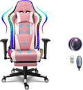 Massage Gaming Chair High Back Office Computer Chair with Speakers and RGB Lights Recliner Chair Music Video Game Chair with Headrest and Lumbar Support for Home OfficePink