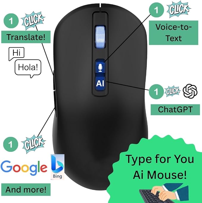 AI Wireless Mouse with Translation for PC Laptop: Hands-free typing- ChatGPT Bluetooth Mouse Voice AI Ergonomic Multi-Translate One Tap Google USB Rechargeable High-Performance Office Device