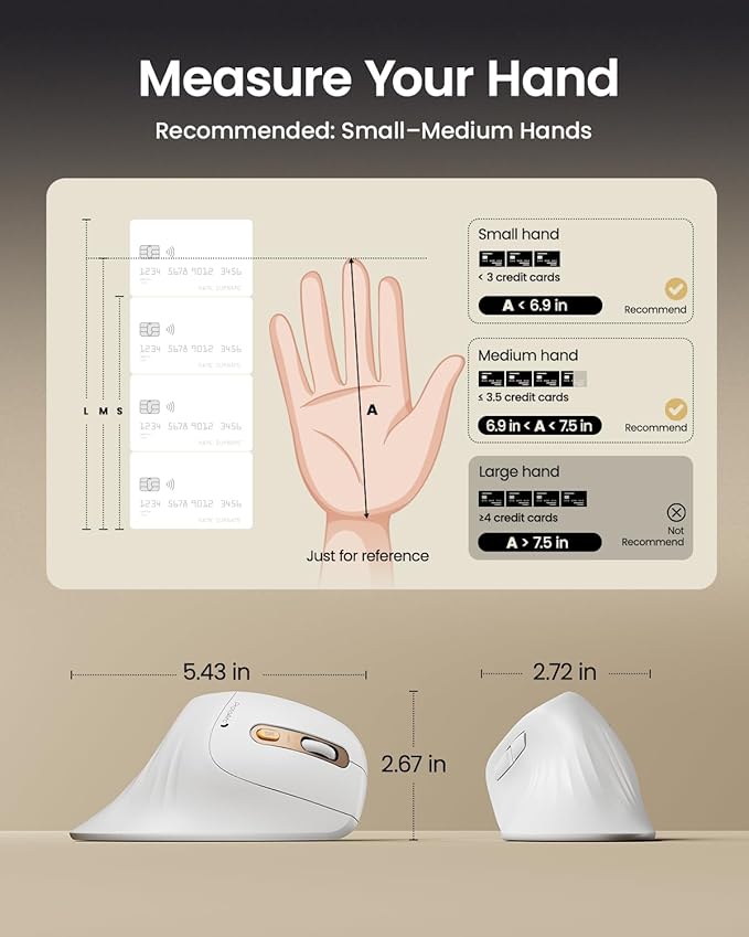 ProtoArc Ergonomic Mouse EM11 NL Bluetooth Rechargeable Wireless Vertical Mouse 3 Multi-Device Connectivity for Computer/PC/Laptop 2.4GHz USB-A Optical Mice for Windows Mac OS White Gold