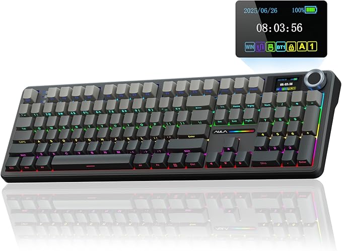 AULA F108 PRO - Wireless Mechanical Keyboard with Screen &amp KnobFull Size Keyboard with 8000mAh BatteryPre-lubed SwitchesSide Printed PBT KeycapsRGB Backlit Hot Swappable Custom Gaming Keyboard