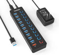 Powered USB Hub 11-Port USB 3.0 Hub Splitter - 10 USB 3.0 Data Transfer Ports + 1 Smart Charging Port USB Hub 3.0 Powered with Individual LED On/Off Switches and 5V/4A Power Adapter