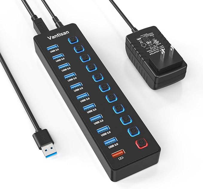 Powered USB Hub 11-Port USB 3.0 Hub Splitter - 10 USB 3.0 Data Transfer Ports + 1 Smart Charging Port USB Hub 3.0 Powered with Individual LED On/Off Switches and 5V/4A Power Adapter