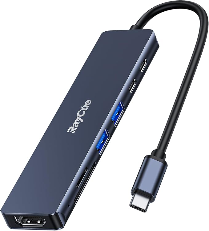 USB C Hub RayCue 7 in 1 USB C to HDMI Splitter 2 USB 3.1 GEN1 and 5Gbps Type-C Data Port 4K HDMI Port PD 100W Charging SD Card Reader for iPad Pro MacBook Pro Laptops and More