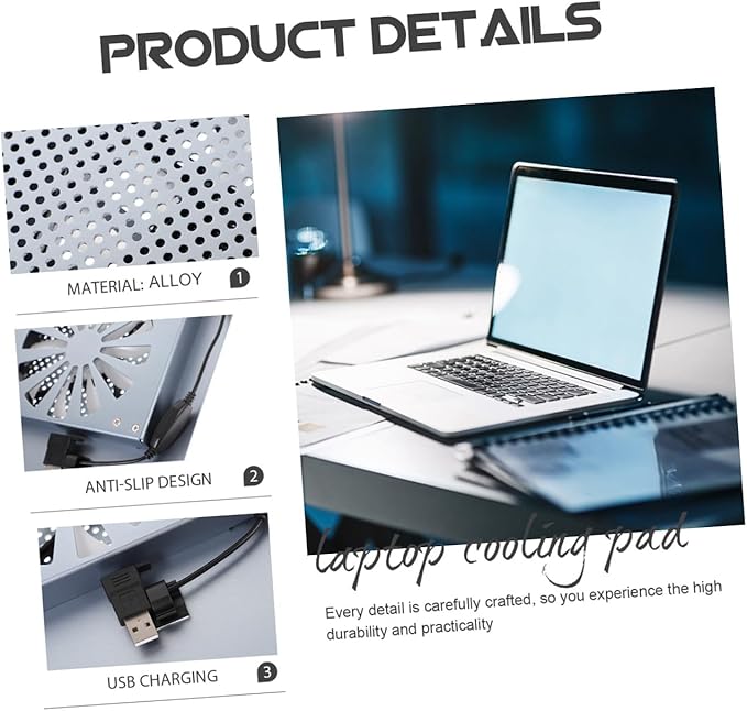 Laptop Cooler Cooling Pad with LED Fan Aluminum Alloy Stand for Laptops to 17.3 Inch USB Quiet Notebook Cooler Ventilated Base in Gray for Home and Office Use