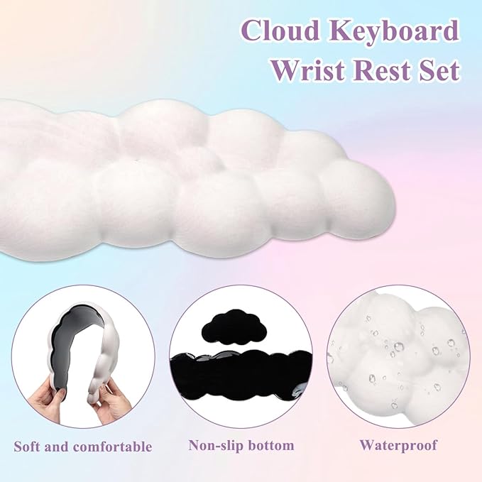 Gaming Desk Mat with Keyboard Wrist Rest Set 4 in 1 Large Mouse Pad &amp Cloud Keyboard Wrist Rest&amp Mouse Wrist Rest&ampCoaster Comfort and Support for Typing and Gaming(White)