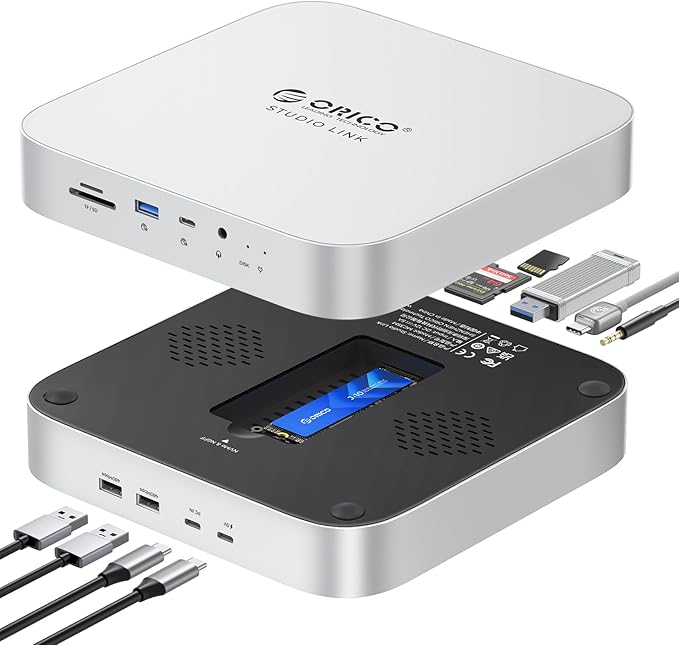 ORICO StudioLink Mac mini Hub with SSD Enclosure &amp 7-in-1 Ports | NVMe/SATA M.2 SSD Dock for Mac mini M1/M2/Mac Studio | 10Gbps USB-C SD/TF Card Reader 3.5mm Audio Aluminum Alloy