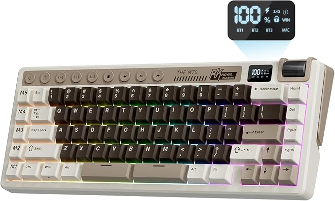 RK ROYAL KLUDGE M70 Wireless Mechanical Keyboard with Macro Keys 2.4GHz/Bluetooth/Wired 75% Gaming Keyboard with 6000mAh Battery Gasket-Mount Display &amp Knob RGB Hot-Swappable Linear Cream Switch