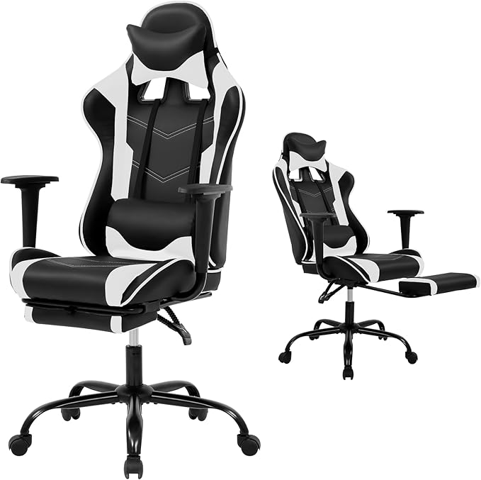 Gaming Chair with Footrest Reclining Video Game Chairs for Adults with Lumbar Support Headrest High-Back Home Office Computer Desk Chair PU Black-White