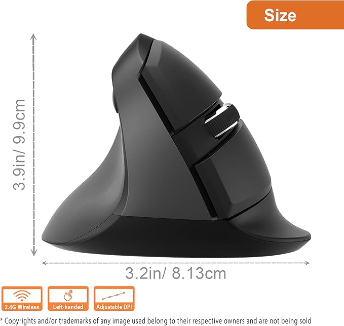J-Tech Digital Left Handed Wireless Ergonomic Vertical Mouse for Small Hands with USB Nano Transceiver AA Battery 4 DPI Compatible with Mac and PC Black [V628ML]