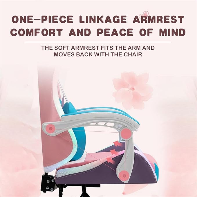 Girls Gaming Chair with Footrest Leather Video Game Chairs with Speakers and RGB Lights High Back Computer Chair with Lumbar Support and Headrest Cute Recliner Chair Office ChairPink
