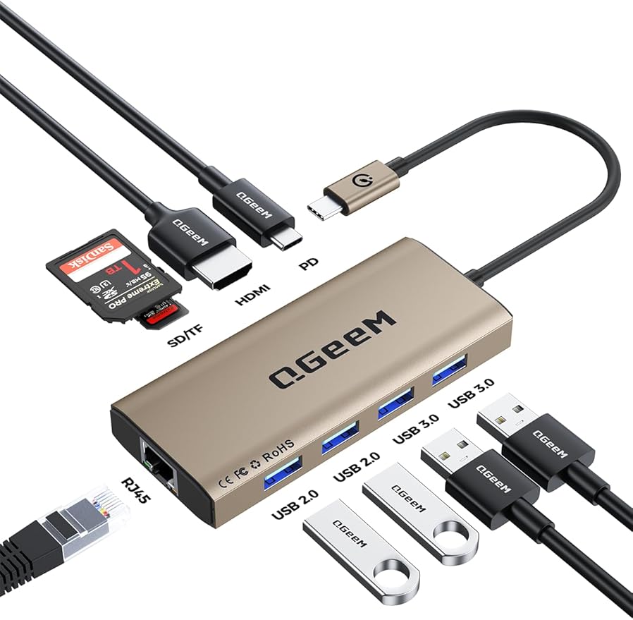 QGeeM USB C Hub Ethernet9 in 1 USB Type C Hub HDMI Multi-Port Converter Adapter100W Pd USB 3.0SD/TF Card ReaderCompatible for MacBook Pro Air Ipad HP Dell Lenovo Chromebook etc.-Brown