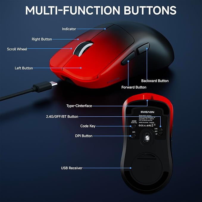 X23Pro Wireless Gaming Mouse 2.4G/BT5.0/USB-C Esports Gaming Mouse 800mAh Lightweight Mouse Gaming 12000 DPI Wireless Mouse with 6 Programmable Buttons for Laptop/PC/Mac Black-red