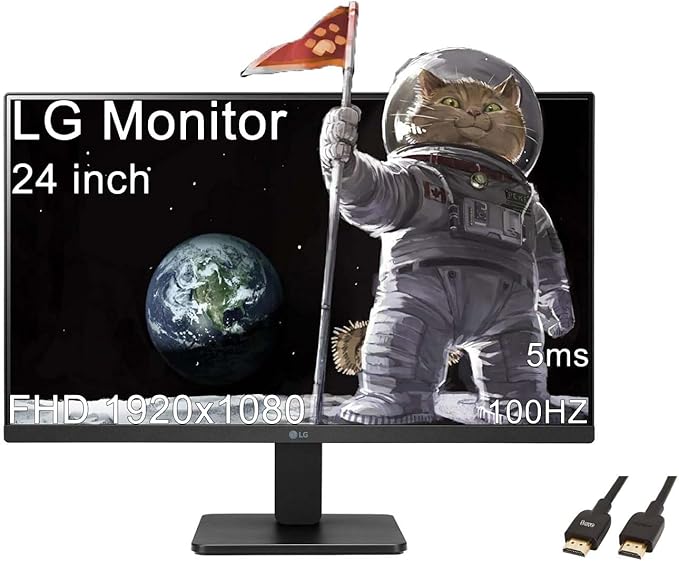 LG 24 inch FHD (1920x1080) Monitor 100Hz 5ms LED Display with sRGB 99% Color Gamut IPS 3-Side Borderless Display AMD FreeSync (HDMI) Black with 5ave HDMI Cable