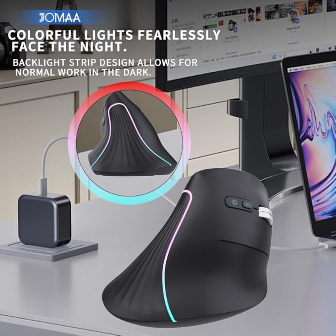 JOMAA Wireless Vertical Mouse Multi-Device Bluetooth 5.2 &amp 2.4G Ergonomic Mouse with RGB Lighting 4000 CPI 500mAh Rechargeable for Laptop PC Computer Mac WindowsAndroid Desktop