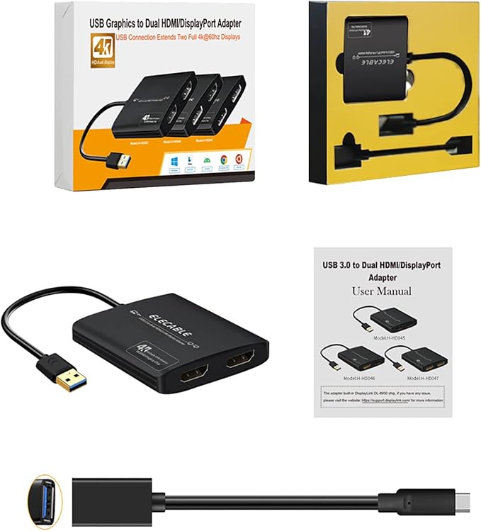 USB3.0 to HDMI+DisplayPort Adapter - HDMI 4K+DP 5K@60Hz Ultra HD - Built-in DisplayLink DL6950 Chip - Extend Screen to Multi-Monitor Compatible with WindowsMac OSAndroidChrome OSUbuntu