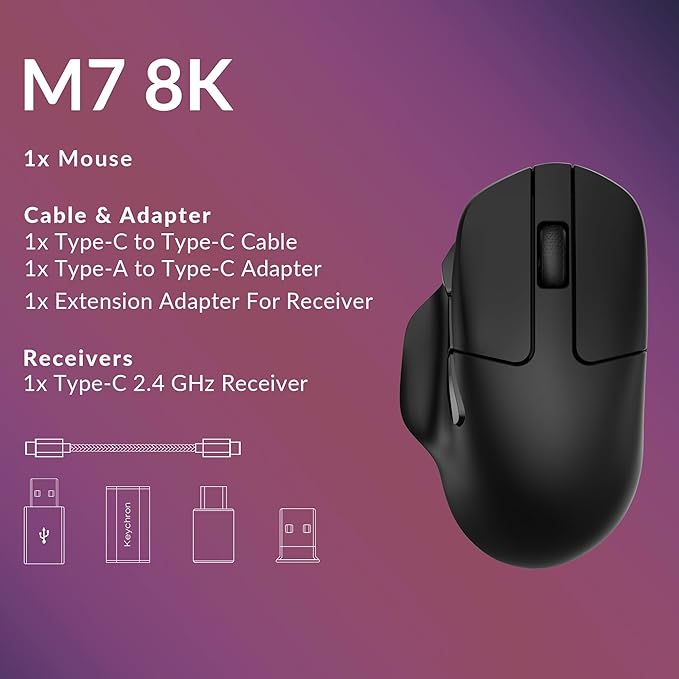 Keychron M7 8K Wireless Mouse 30K DPI Optical Computer Mice 2.4 GHz/Bluetooth/Wired with Macro Button 66g Lightweight Ergonomic Up to 140 Hours Worktime for Laptop macOS/Windows - Black