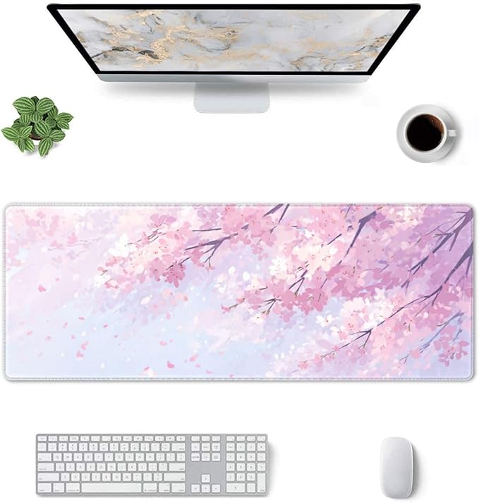 Gaming Mouse Pad Floral Cherry Blossom Flower Non-Slip Rubber Base Extended Mousepad with Stitched Edges Keyboard Computer Laptop Mat for Gamer Desktop Office Home 31.5 x 11.8 in
