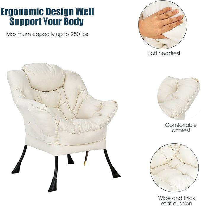 Beige Polyester Fabric Lazy Chair Upholstered Single Sofa Chair with Side Pocket Soft Headrest Wide and Thick Seat Cushion Curved Armrest Perfect for Watching TV Relaxing Reading Playing Video Games