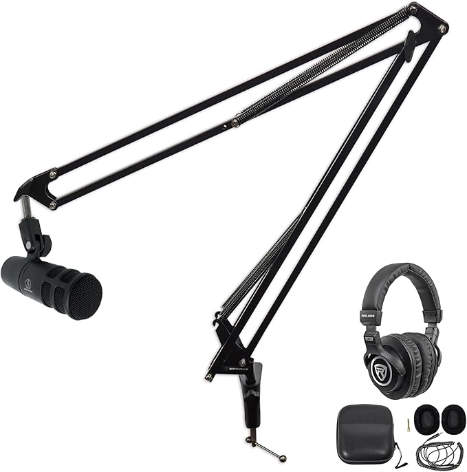 Audiosavings Bundle: Audio Technica AT2040 Dynamic Microphone Bundle with Rockville PRO-M50 Headphones w/Coil Cable Case+Extra Ear Pad &amp DMS40 40 Studio Boom Arm USB Mic Stand+Desk Clamp (3 Item