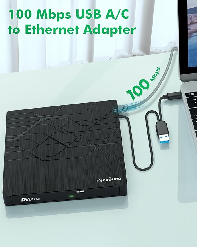 Super External CD DVD Drive USB 3.0 DVD Burner with Ethernet Adapter 3 USB and 2 TF/SD Card Ports CD DVD Player Reader Writer Optical Disk Drive for Laptop PC Mac Windows Linux with Carrying Case