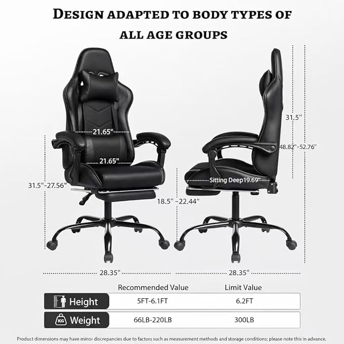 Modern High Back Gaming Chair PU Leather Computer Chair with Wheels Footrest Massage Lumbar Support Height Adjustable Swivel Game Chairs for Work or Home Office (Black)
