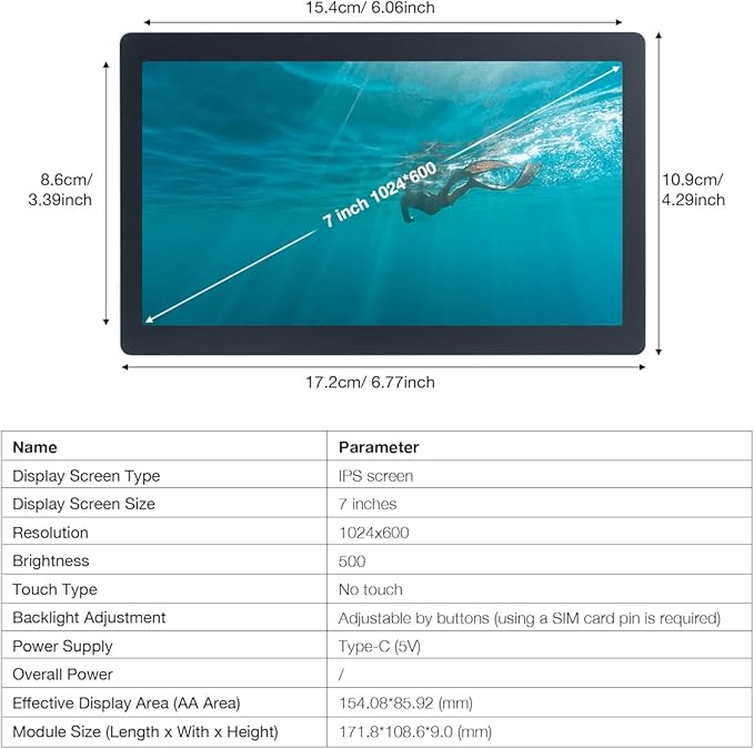 7 Inches USB C Mini Monitor 1024x600 IPS LCD Display Type C Secondary Screen for PC Laptop Windows