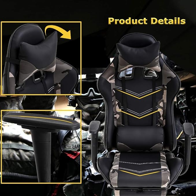 Gaming Chair High Back Computer Gaming Chair with Footrest Ergonomic Massage PC Game Chair PU Leather Racing Office Chair Adjustable Task Chair w/Headrest Armrest for Teens Adults- Camo