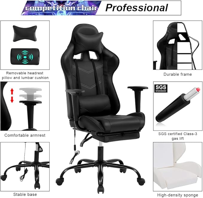 Computer Swivel Gaming Chair Video Game Chair PU Leather Executive Chair High Back Gaming Office Chair with Lumbar Support Adjustable Armrest Headrest Footrest for BoysGirlsBlack