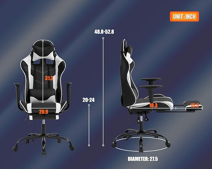 Massage Gaming Chair Ergonomic Computer Racing Style Office Chair Adjustable High Back Gamer Chair for Home Office with Footrest Headrest Lumbar SupportWhite