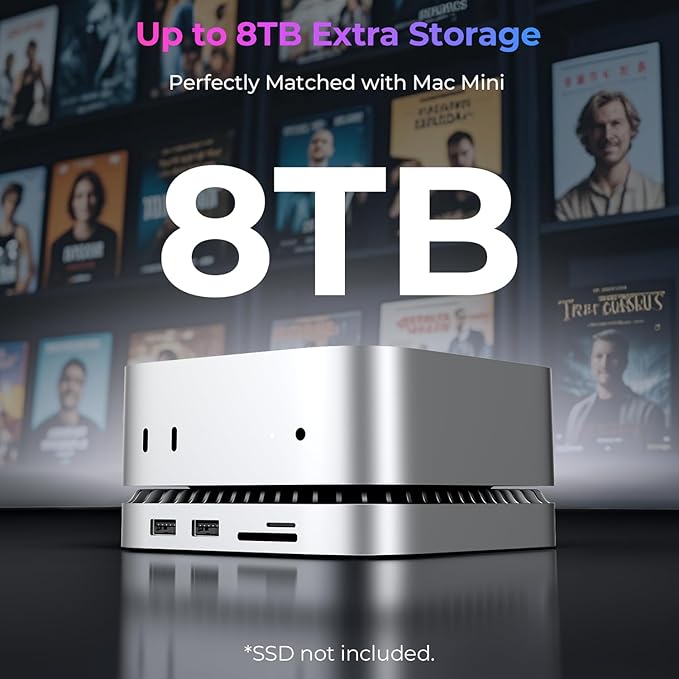 Raycue Mac mini M4 Dock &amp Stand with 8T NVMe SSD Enclosure 2 USB A 10Gbps10G USB C Data Port 5G USB A*2 USB-C Charge SD/TF Audio for Mac mini M4/ M4 Pro