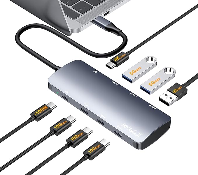 USB C Hub 10Gbps USB C Splitter with 4K@60Hz Video Output 100W PD Charging Data Transfer USB4 Multiport Dongle Adapter Extender for MacBook Pro/Air iPad Pro Dell HP and More Type C Devices