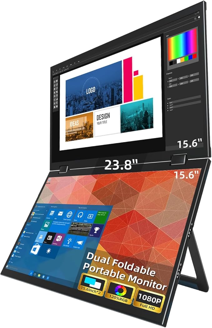 Triple Screen 15.6 Portable Foldable Monitor Dual Screen with VESA Extender 1080P FHD IPS for Laptop PC 360°Rotation Kickstand for Windows MAC OS SmartphonePS5Switch