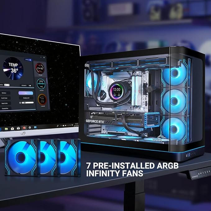 SAMA V62 Mid-Tower PC Case 7x120mm Pre-Installed ARGB PWM Fans 4mm Tempered Glass USB 3.1 Type-C &amp USB 3.0 Ports 7 Slots Support ATX/MATX/ITX (Back-Connect Compatible) Black