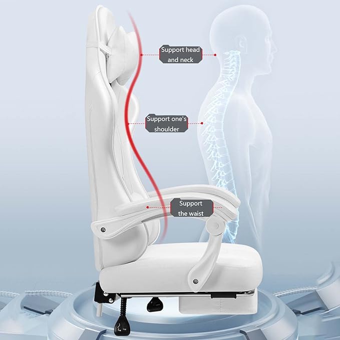 Ergonomic Gaming Chair Comfortable Gaming Chair with Footrest Computer Chair Adjustable Swivel Gaming Office Chair with Lumbar Support White
