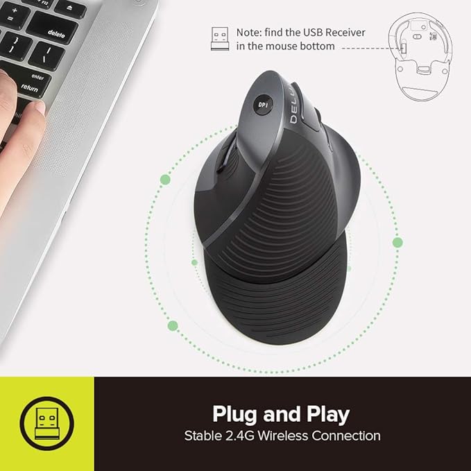 DELUX Ergonomic Vertical Mouse Wireless Rechargeable Vertical Mouse Bluetooth/2.4G Dual Mode Slient Click Removable Wrist Rest 800/1200/1600DPI Levels 6 Buttons for Laptop/PC (M618G DB-Black)